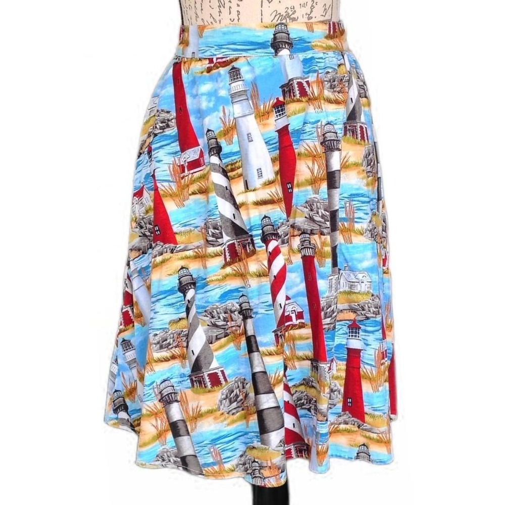 Retrolicious Lighthouse Print Midi Skirt XL A Line Nautical Retro Novelty Cotton